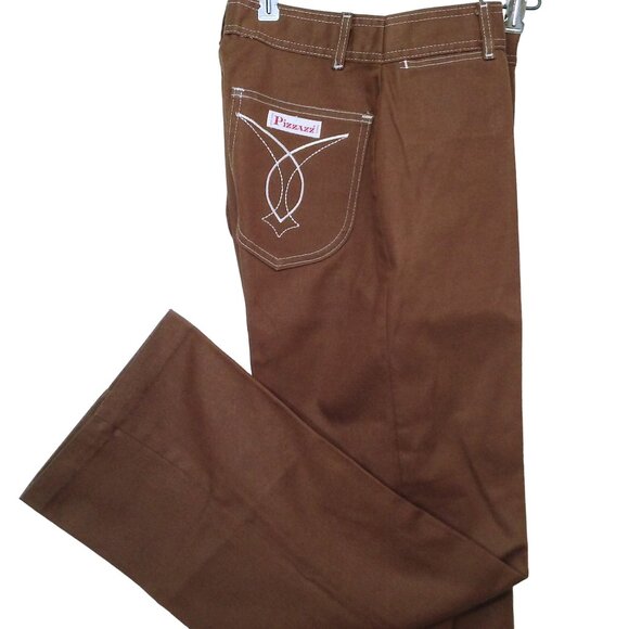 NWOT Vintage 70s Pizzazz Mod Retro Disco Pant Jeans -10 Pockets Wide-Leg Brown - Picture 1 of 12